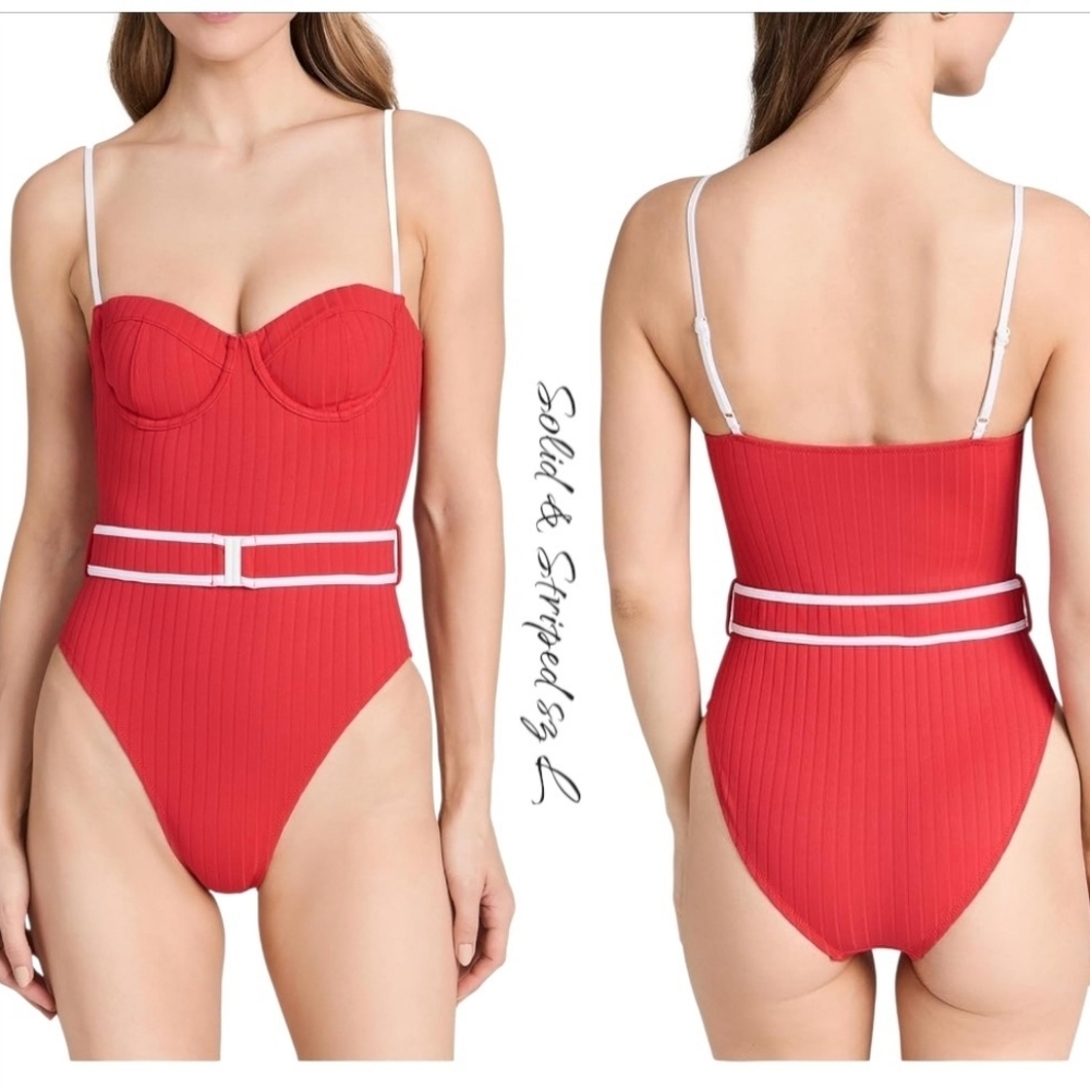 Solid & Striped The Spencer Red Ribbed Belted One Piece Swimsuit L - Picture 2 of 11